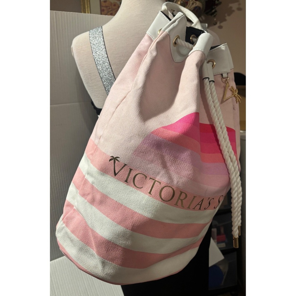 Victorias Secret Pink Striped Canvas Drawstring Backpack Beach Bag PalmTreeCharm